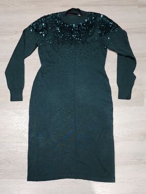 Nina Leonard Dark Green Sequin-Yoke Long Sleeve Knit Dress Small